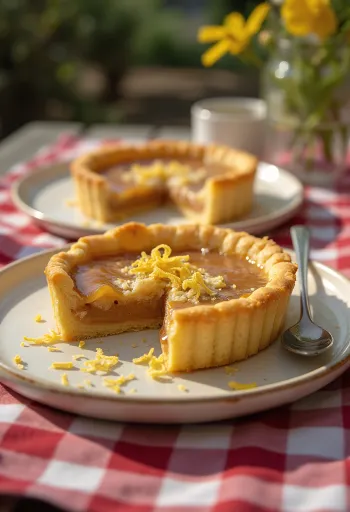 Treacle tart karamellás töltelékkel, szeletelve, tálalva friss karamellás sziruppal