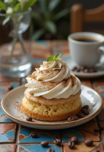 Tres leches kávéval, tejjel átitatott piskóta fehér tányéron