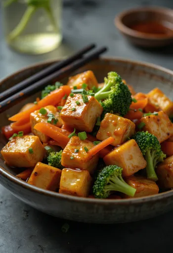 Pirított tofu zöldségekkel, szójaszósszal és szezámmaggal megszórva