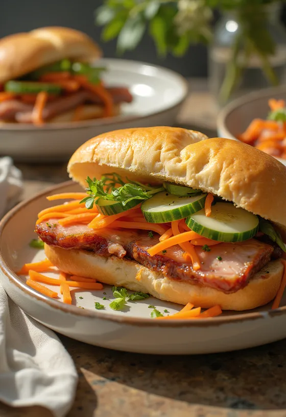 Bánh Mì Xá Xíu kínai BBQ sertéshússal tálalva, friss zöldségekkel és korianderrel.