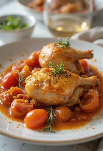 Cacciatore fehérborral csirkecombok gazdag paradicsomos szósszal
