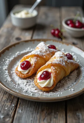 Cannoli ropogós tésztával, kandírozott cseresznyével díszítve, ricottás krémmel töltve