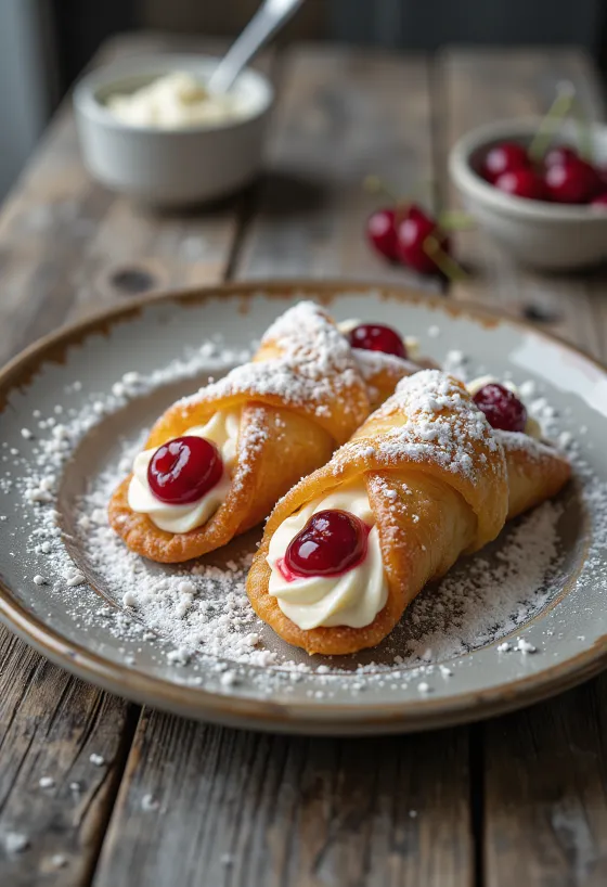 Cannoli ropogós tésztával, kandírozott cseresznyével díszítve, ricottás krémmel töltve
