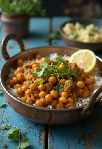 Chana Masala garam masalával, gazdag fűszeres csicseriborsó curry friss korianderrel díszítve