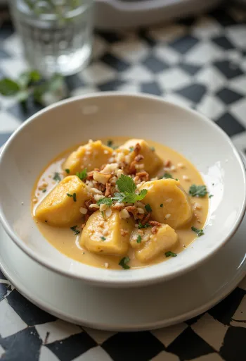 Korma csirkével gazdag, krémes szószban tálalva, friss korianderrel díszítve.