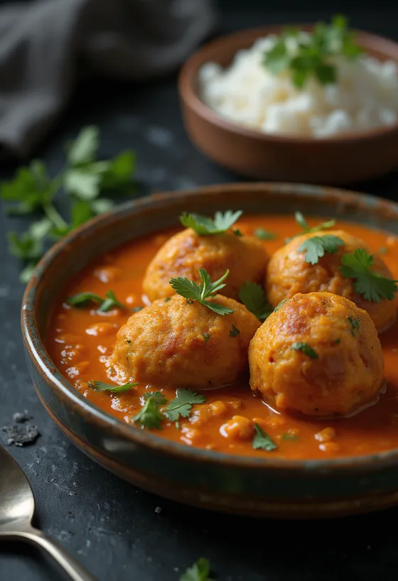 Lauki Kofta Curry, tök golyókkal és friss korianderrel tálalva