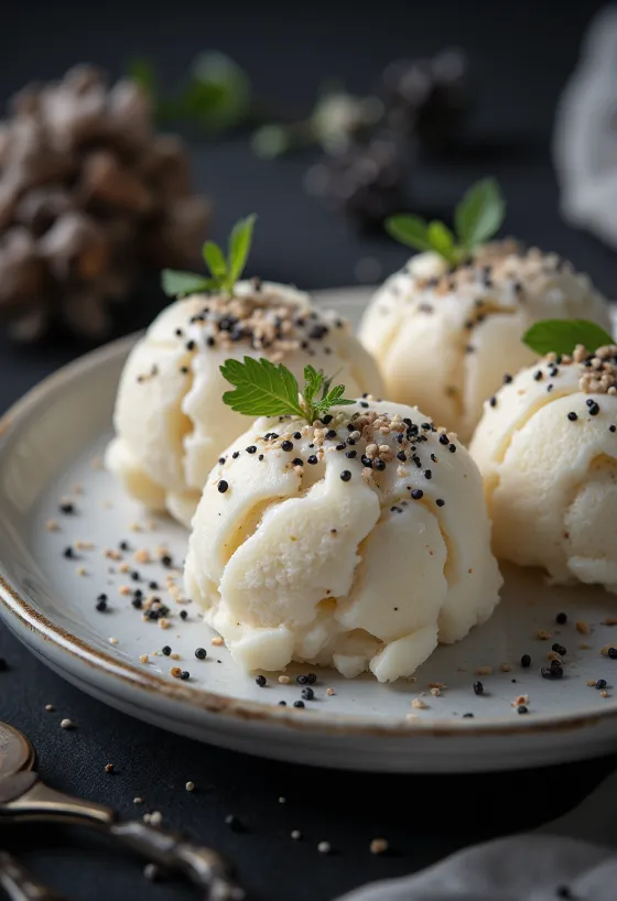 Mákos kulfi jégkrém mák darabokkal és rózsavíz díszítéssel