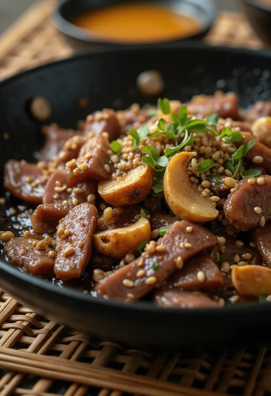 Marha Bulgogi Fokhagymával koreai stílusú étel tálalva