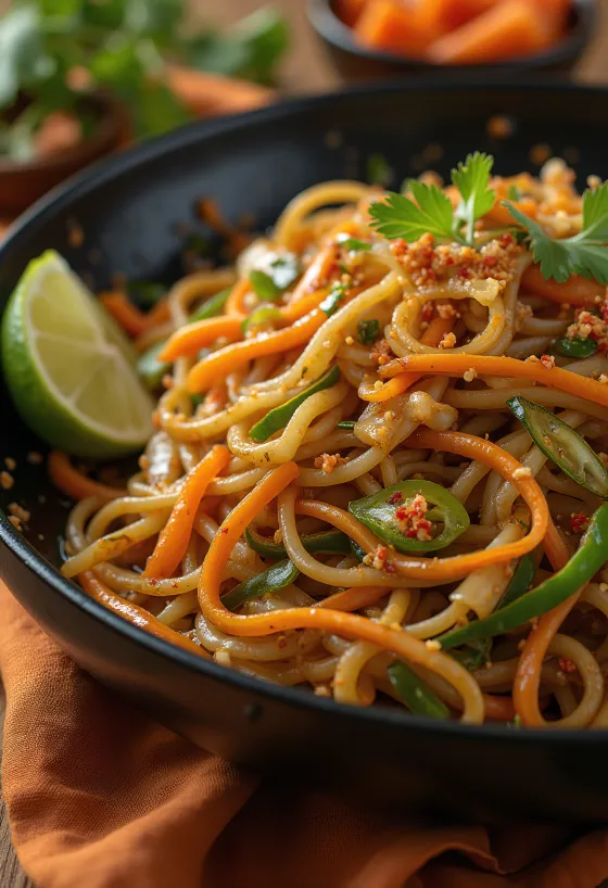 Mee goreng zöldségekkel egy tálban, szójaszószos ázsiai tészta roppanós zöldségekkel