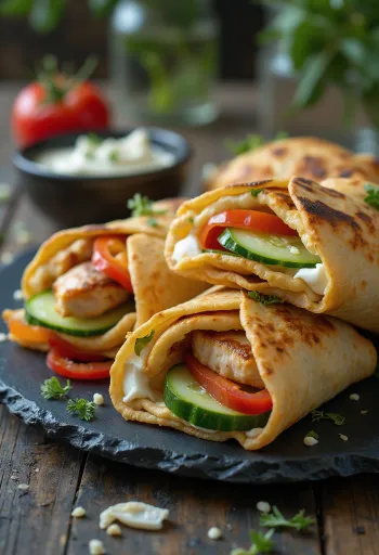 Mini wrap falatkák csirkével és zöldségekkel töltve, friss és gusztusos tálalásban