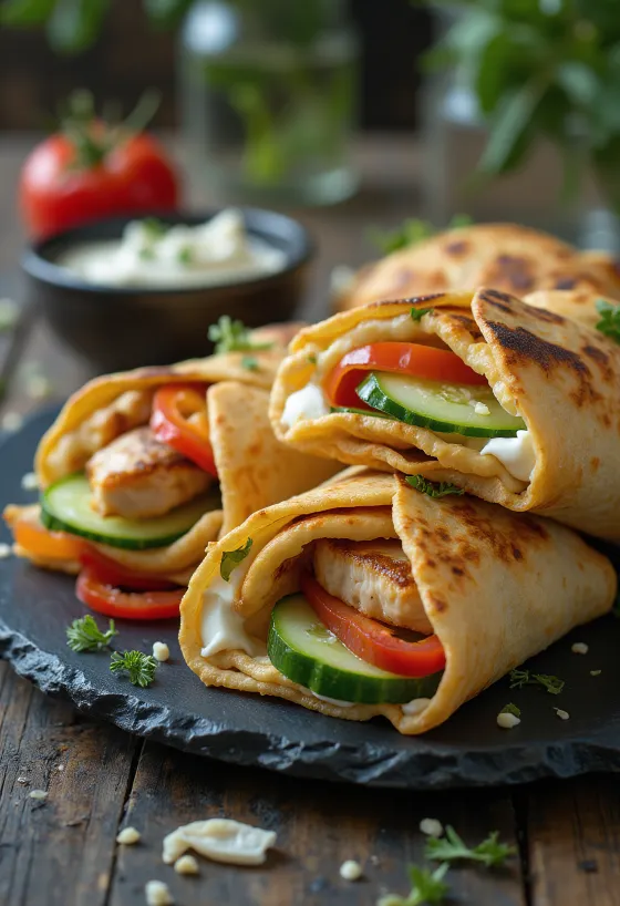 Mini wrap falatkák csirkével és zöldségekkel töltve, friss és gusztusos tálalásban