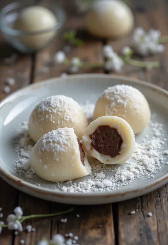 Mochi csokikrémmel, japán édesség, puha rizsliszt tésztával és gazdag csokikrémmel töltve
