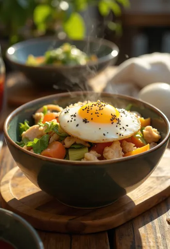 Onsen Tamago Zöldséges Tálon, lágy tojással, friss zöldségekkel és gazdag öntettel