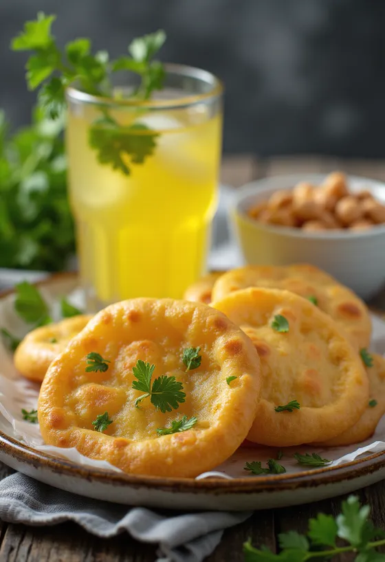 Pani puri ananászos vízzel, tálalva friss korianderrel és mentával