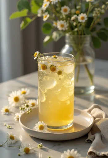 Probiotikus kamillás kombucha poharakban, aranysárga ital