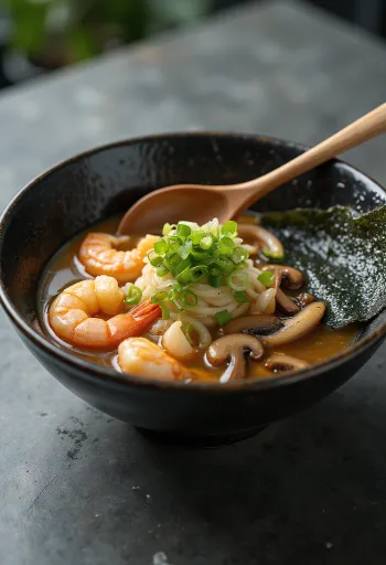 Seafood ramen tálalva tengeri herkentyűkkel