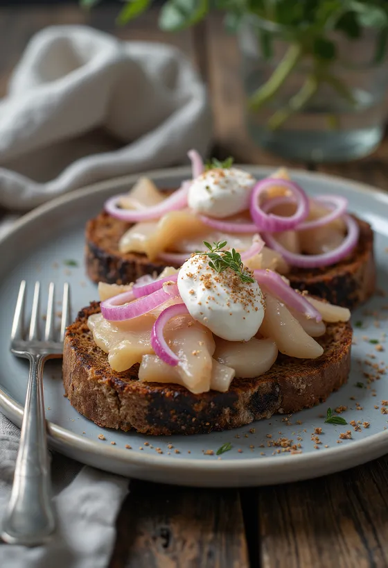 Smørrebrød heringgel és hagymával, friss petrezselyemmel tálalva