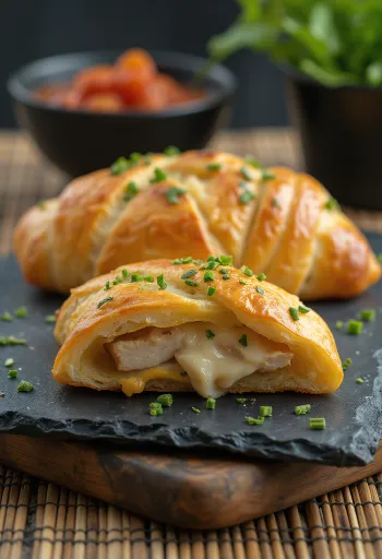 Stromboli csirkemellel tálalva, gazdag csirkemellel és olvadt mozzarellával a tetején, kívül ropogós és belül puha.