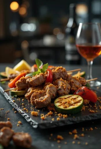 Suya grillezett zöldségekkel, friss korianderrel díszítve