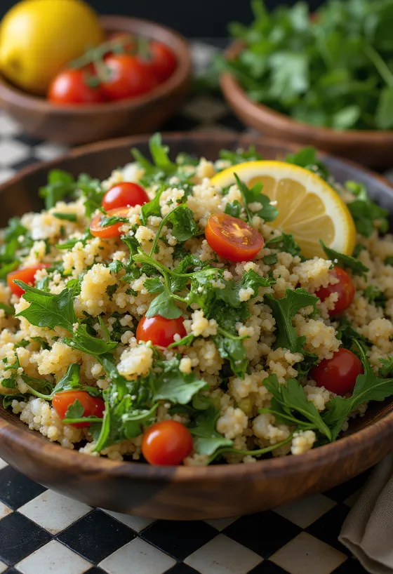 Tabbouleh citrommal, friss zöldségekkel tálalva