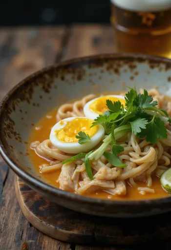 Tangerang laksa, tamarindos kókusz alapú leves csirke, tészta és friss zöldségekkel tálalva.