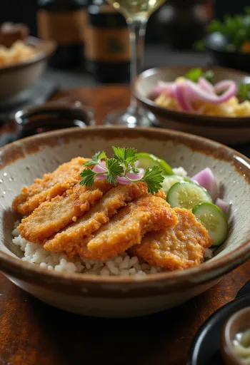 Tonkatsu tál uborkával és szezámmaggal, friss korianderrel díszítve