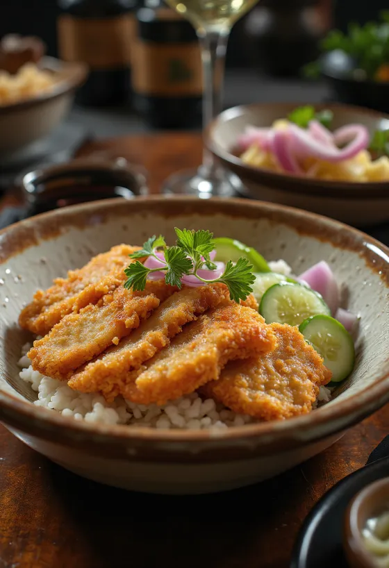 Tonkatsu tál uborkával és szezámmaggal, friss korianderrel díszítve