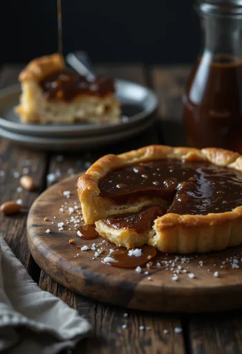 Treacle tart sós karamellás változata, pitével és mogyoróvajjal tálalva