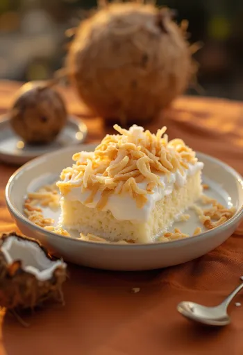 Tres leches kókuszreszelékkel, tejjel átitatott piskóta fehér tányéron