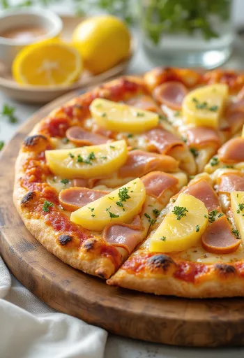 Vegán Hawaii pizza növényi sajttal és vegán \'sonkával\' tálalva