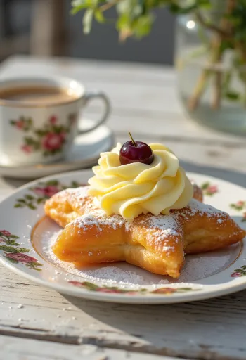 Zeppole di San Giuseppe, vaníliakrémmel és cseresznyével töltve, porcukorral megszórva