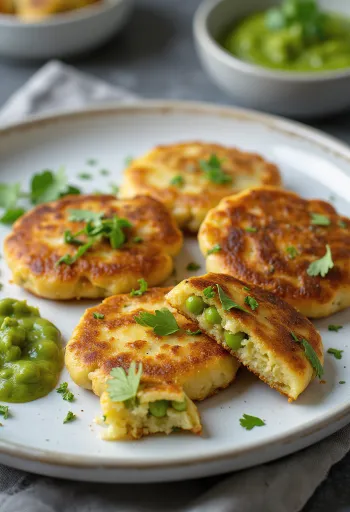 Aloo tikki zöldborsó töltelékkel, aranybarna tikkik tálalva