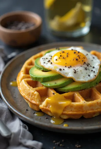 Ausztrál ihletésű gofri Vegemite-tal, cheddar sajttal, avokádóval és tükörtojással