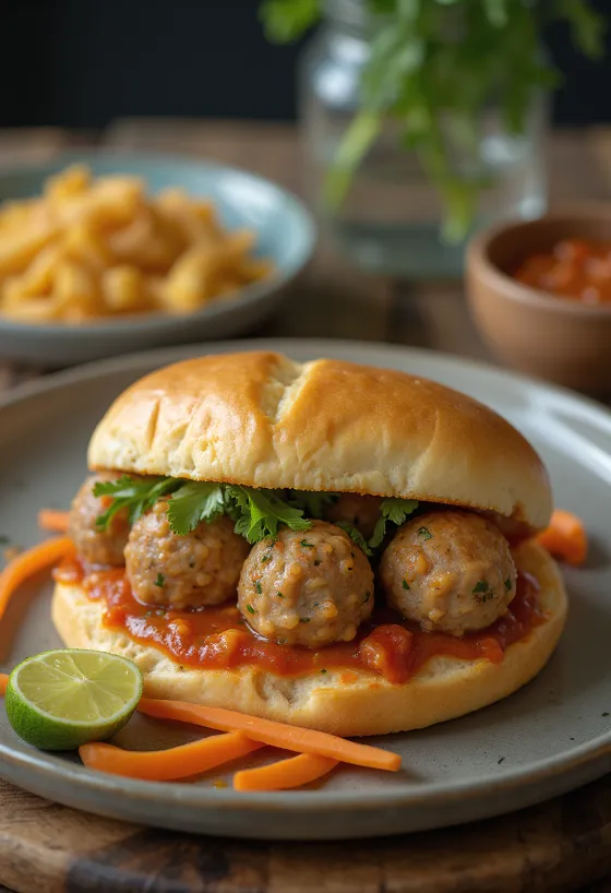 Bánh Mì Xíu Mại húsgombócos szendvics friss zöldségekkel és korianderrel tálalva.