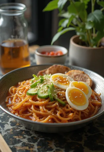 Bibim naengmyeon, koreai hideg tészta friss zöldségekkel és fűszeres szósszal