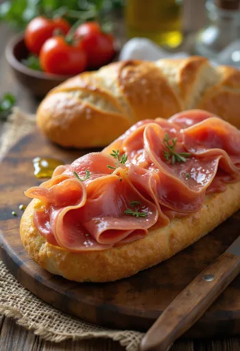 Bocadillo jamón serranóval, friss paradicsommal és fokhagymás baguette-tel.