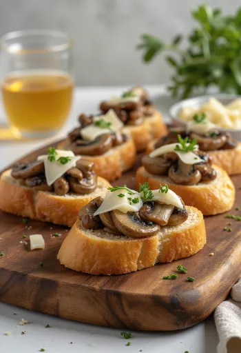 Bruschetta gombával és fokhagymával tálalva, ropogós kenyérrel