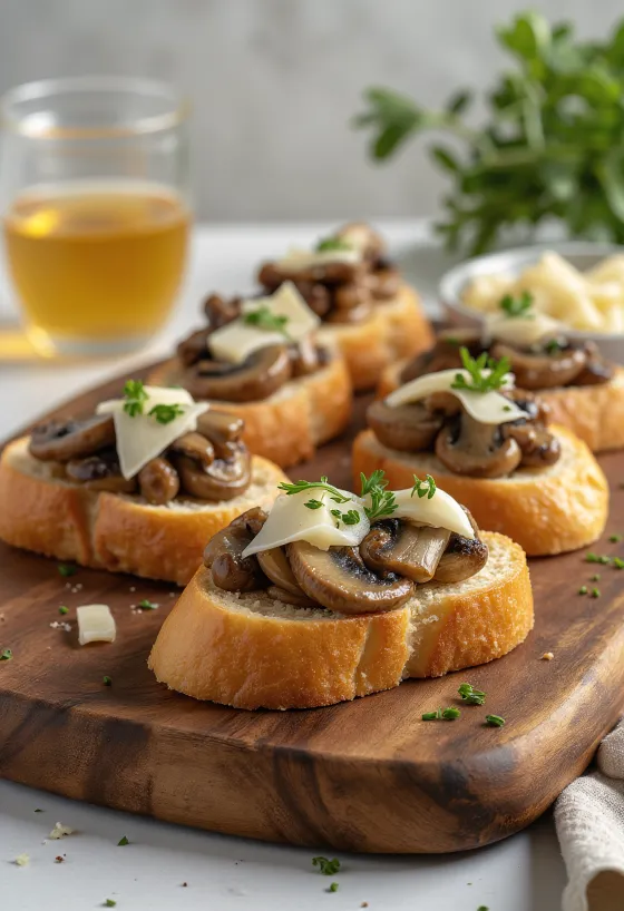 Bruschetta gombával és fokhagymával tálalva, ropogós kenyérrel