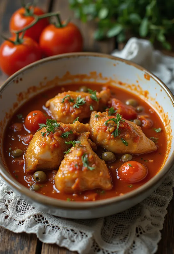 Cacciatore kapribogyóval tálalva, friss petrezselyem díszítéssel