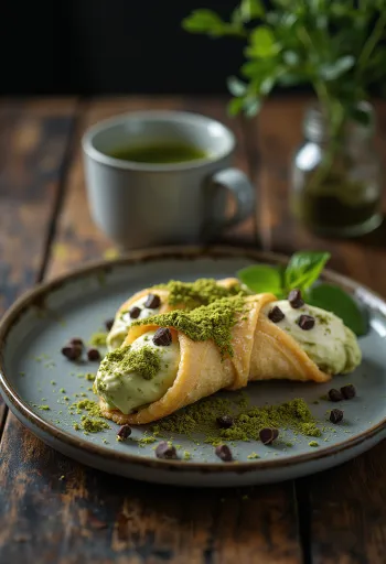 Cannoli matcha zöld teás töltelékkel, ropogós tésztával tálalva
