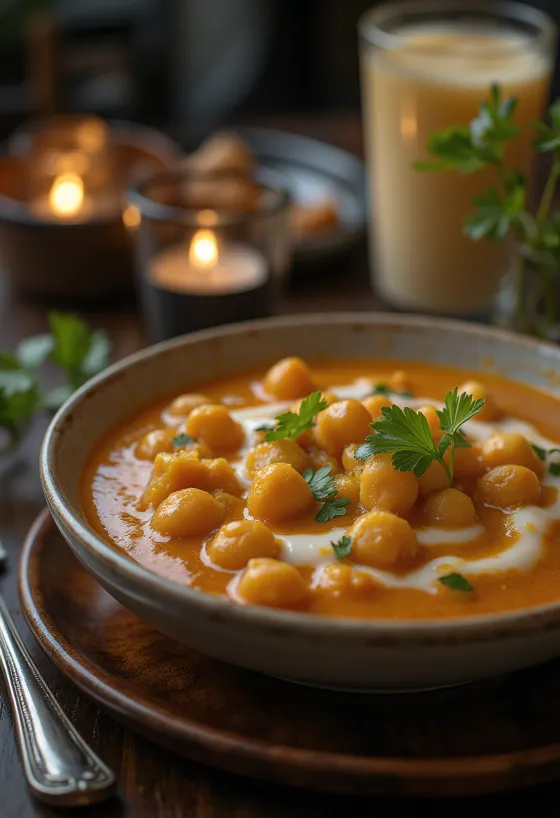 Chana Masala kókusztejjel, friss korianderrel díszítve