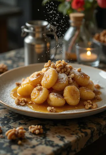 Diós és karamellás gnocchi tálalva