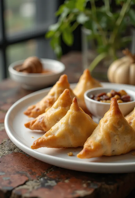 Diós-mazsolás samosa tálalva