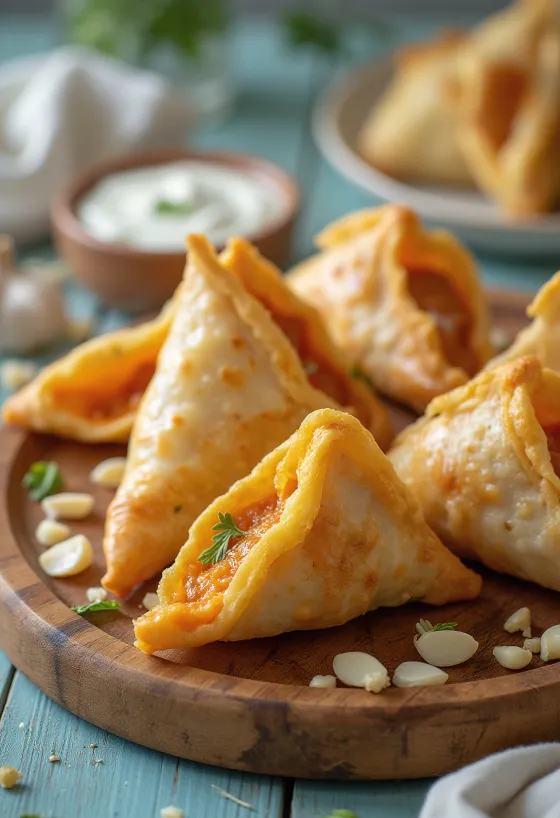 Édesburgonyás és fokhagymás samosa tálalva