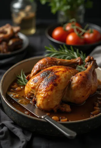 Frango assado rozmaringgal, egész sült csirke aranybarnára sütve, friss rozmaringgal megszórva, rusztikus tálalásban