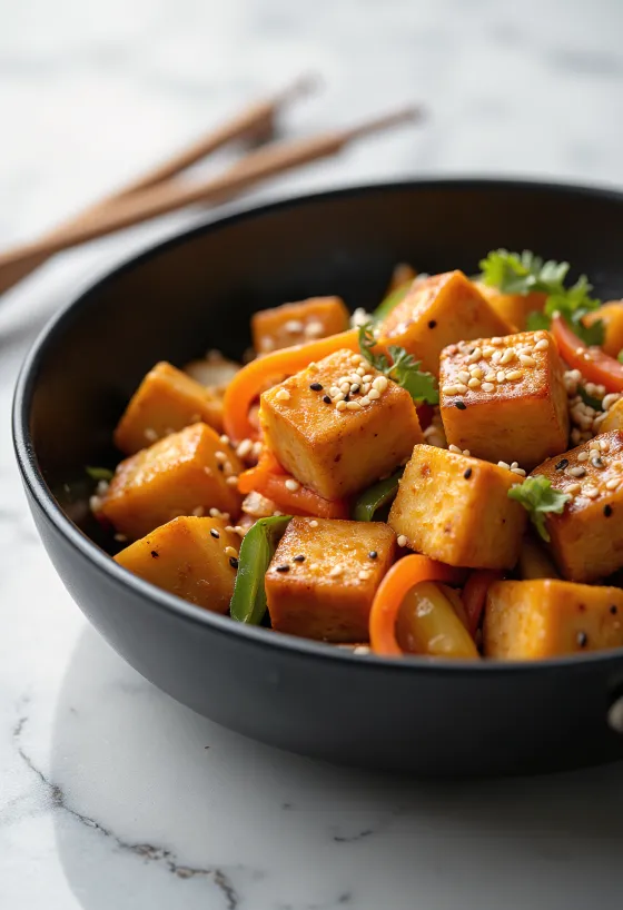 Hornado de tofu, sült tofu zöldségekkel és szójaszósszal tálalva, friss korianderrel
