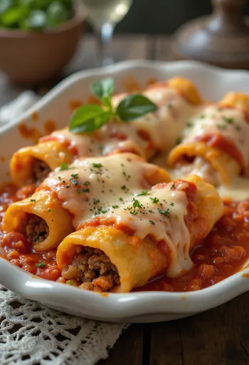 Húsos cannelloni paradicsomszósszal és olvadt sajttal tálalva