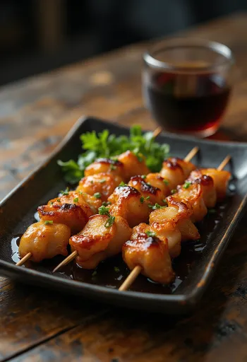 Kawa yakitori csirke bőrrel, szezámmaggal és zöldhagymával díszítve