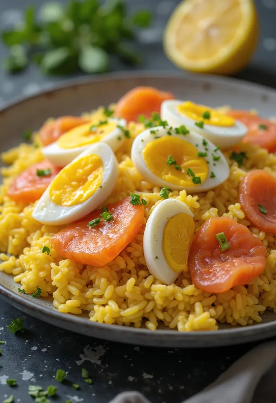 Kedgeree lazaccal, tejszínes halas étel, friss tojással tálalva