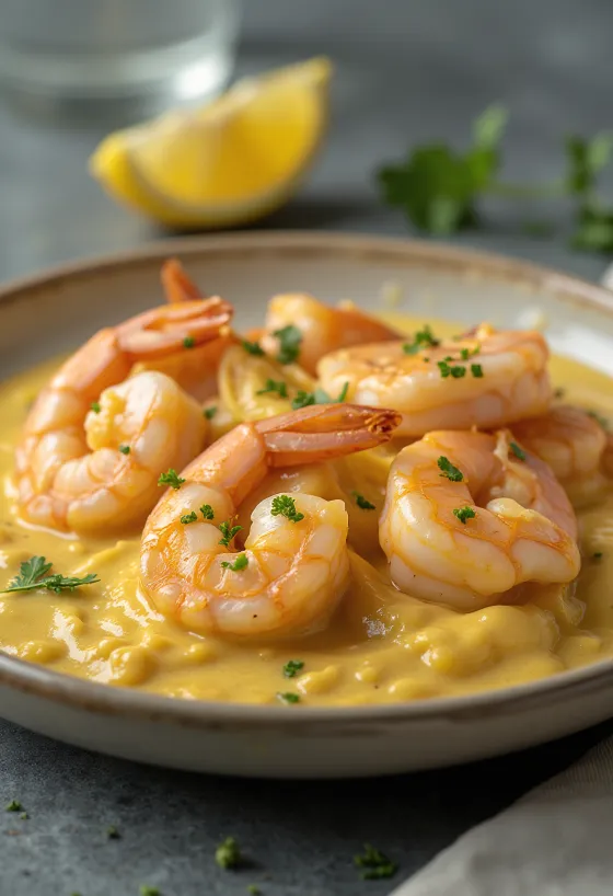 Korma garnélával gazdag, krémes szószban tálalva, friss korianderrel díszítve.